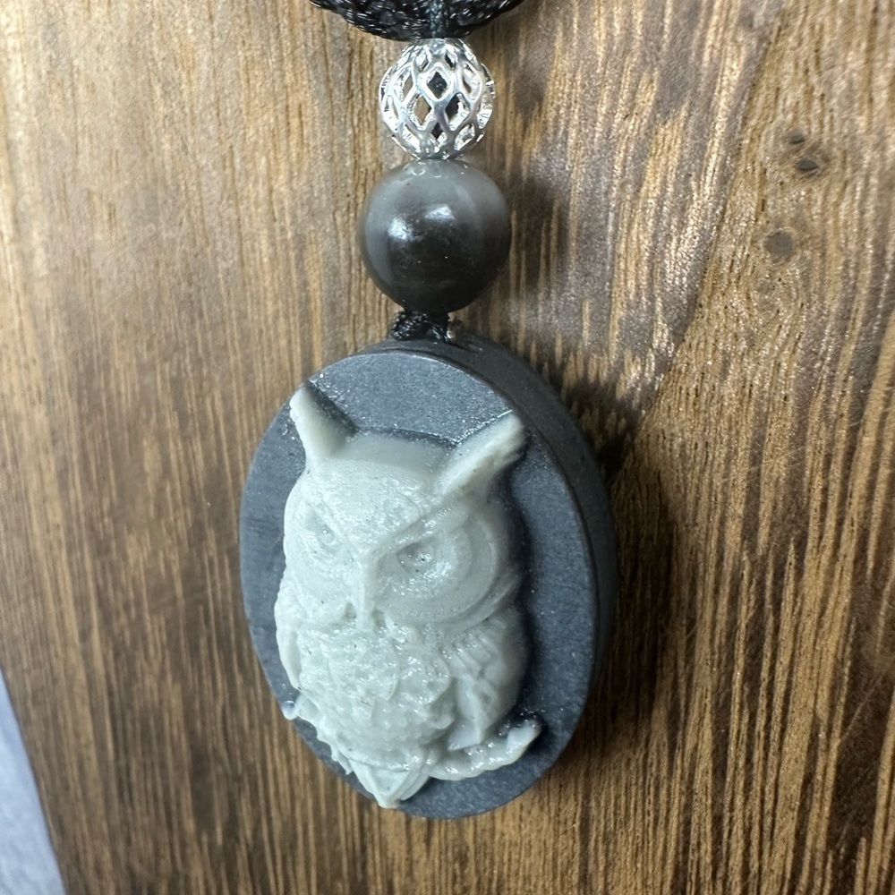 Tai Chi Stone Owl Pendant Necklace on Black Adjustable Rope - Picture 9 of 9